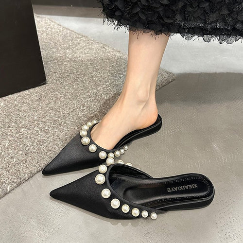 Damen Spitzen-Mules mit glänzenden Perlenverzierungen EB