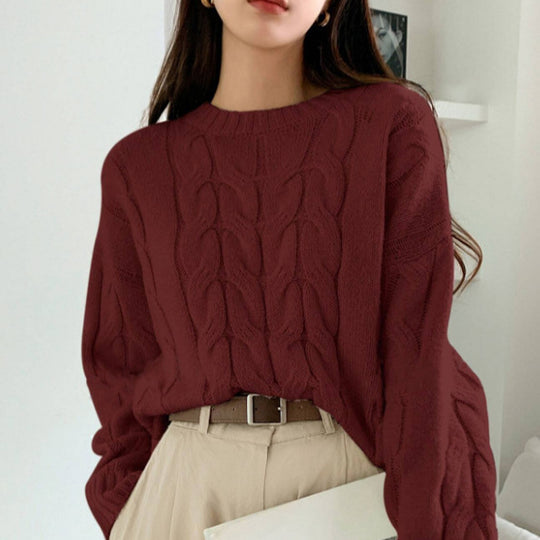 Damen Gemusterter Strickpullover mit voluminösen Ärmeln und Rundhalsausschnitt EB