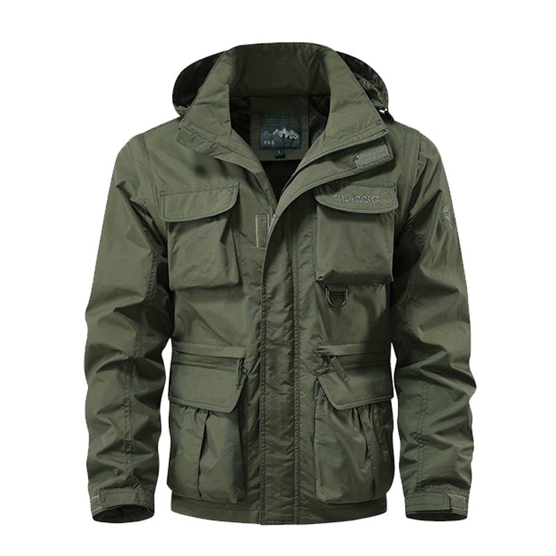 Herren nan multifunktionale Fieldjacke mit Kapuze und verstärkten Mehrfachtaschen wasserabweisendem Obermaterial und verstellbarem Saum EB