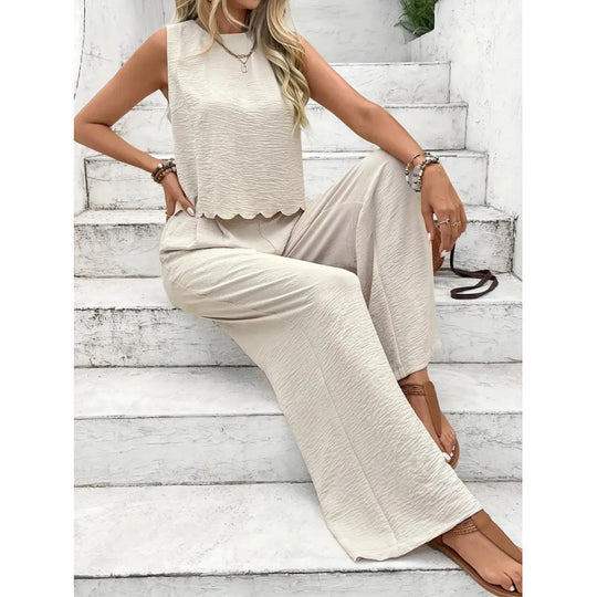 Damen entspannendes Zweiteiler-Outfit mit weitem Hosen und ärmellosem Top EB