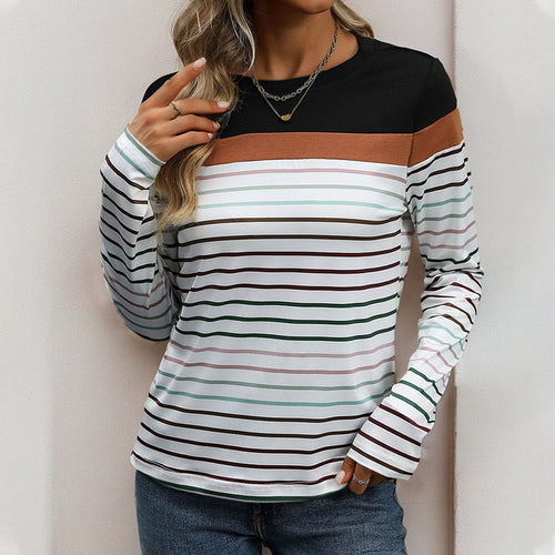 Damen gestreiftes Langarmshirt mit modischem Farbblockdesign EB