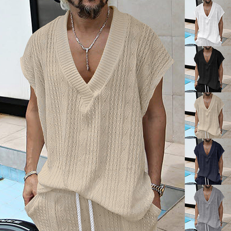 Herren lässiges Strick-T-Shirt mit V-Ausschnitt und oversized Schnitt EB