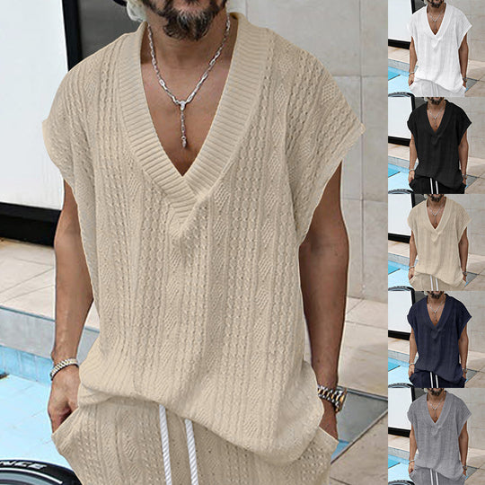 Herren lässiges Strick-T-Shirt mit V-Ausschnitt und oversized Schnitt EB