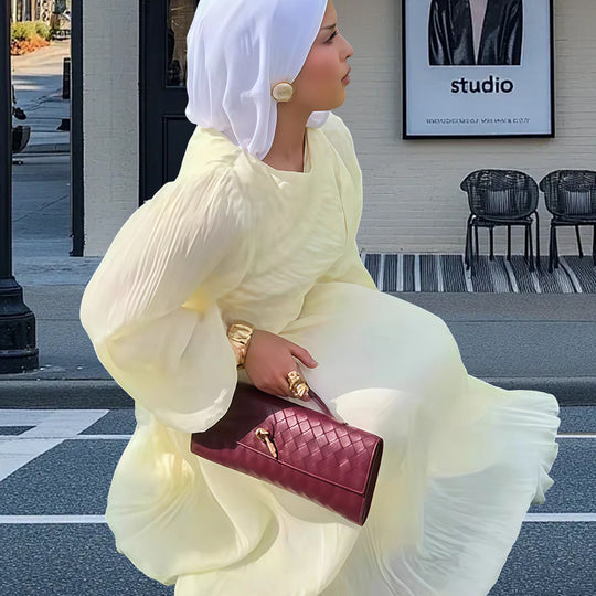 Damen Elegantes Plissiertes Maxikleid mit Raffungen und langen Ärmeln EB