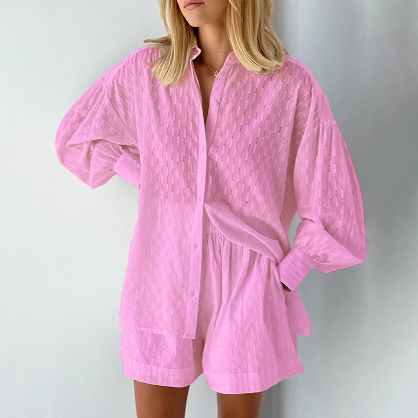 Damen modisches Kurzarm-Pyjama-Set mit strukturierter Oberflächenbeschaffenheit EB
