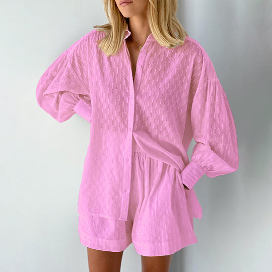 Damen modisches Kurzarm-Pyjama-Set mit strukturierter Oberflächenbeschaffenheit EB