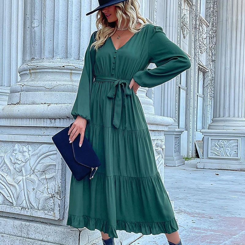 Damen Maxikleid mit Knopfleiste, Taillengürtel und Rüschensaum EB