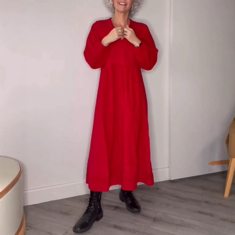 Damen Maxikleid mit elegantem V-Ausschnitt und bequemen langen Ärmeln EB