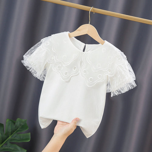 Mädchen Bluse mit transparenten Tüllärmeln und floralem Design EB