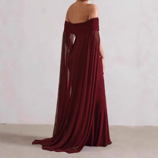 Damen Elegantes Off-Shoulder Abendkleid mit fließendem Transparenz-Cape und figurumspielendem Schnitt EB