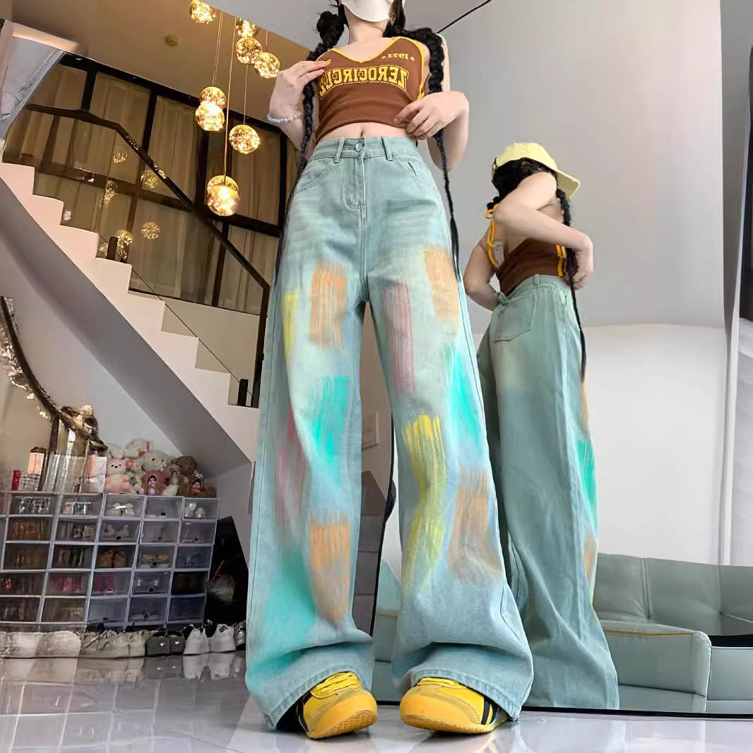 Damen Weit geschnittene Jeans mit modischem Farbspiel und hoher Taille EB