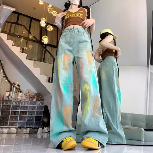 Damen Weit geschnittene Jeans mit modischem Farbspiel und hoher Taille EB