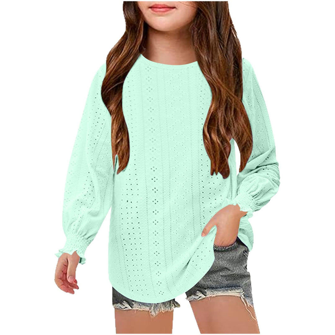 Damen Ajourgestricktes Oversize-Pullover-Shirt mit Ballonärmeln und Rüschenbündchen EB