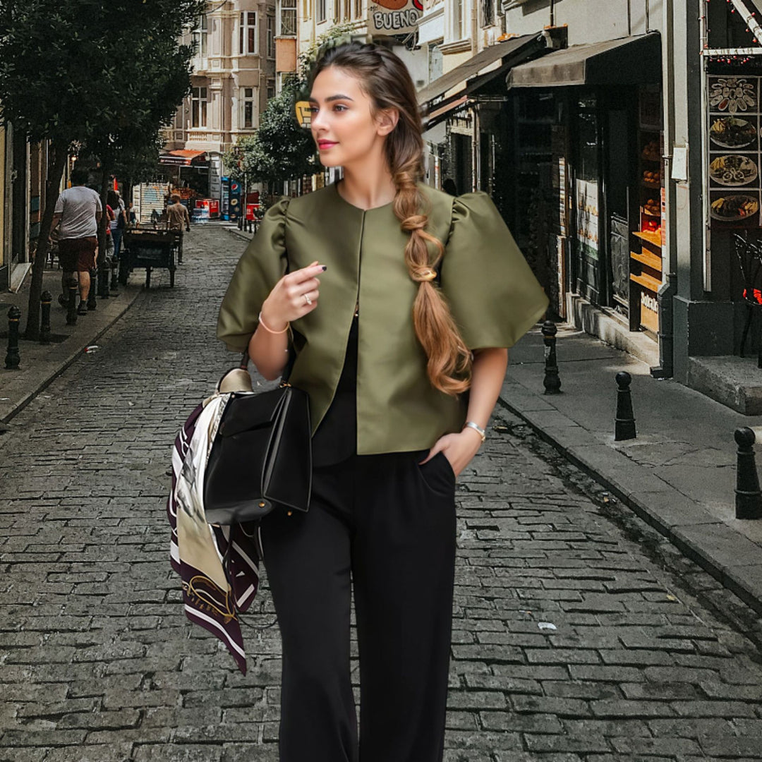 Damen Elegantes Midikleid mit strukturiertem Oberteil und voluminösen Ärmeln EB