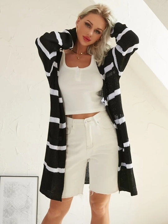 Damen Strickmantel im modischen Lagenlook mit gestreiftem Design EB