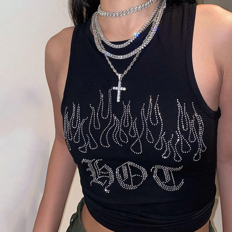 Damen Crop-Top mit auffälligem Flammenmotiv und glänzenden Akzenten EB