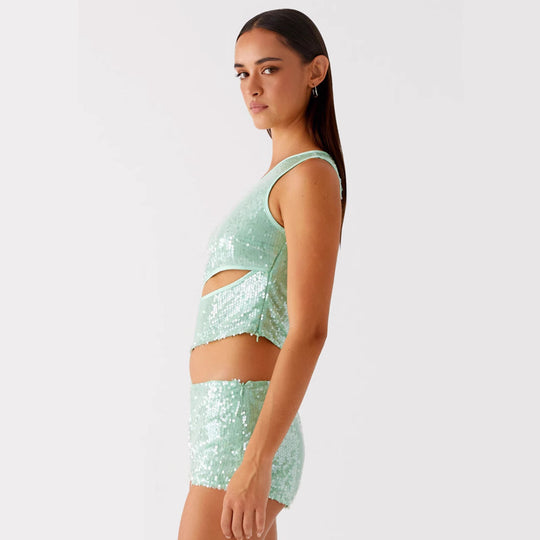 Damen Glamouröses Pailletten-Top mit Cut-Out-Design und Shorts EB