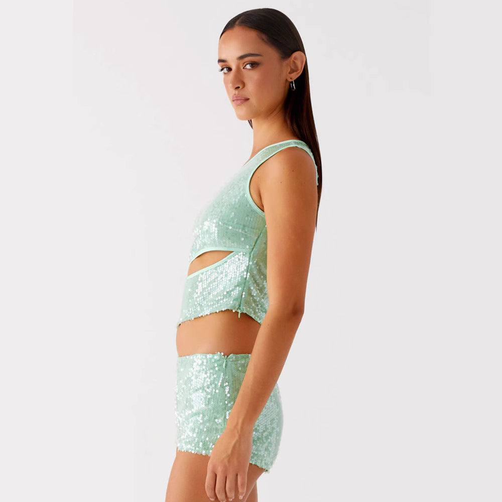 Damen Glitzernder Top und Shorts Set EB