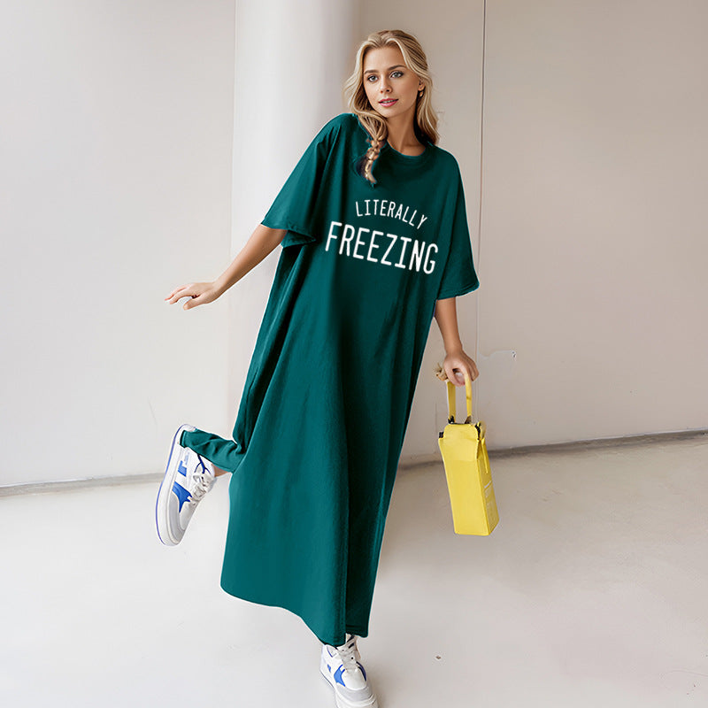 Damen nan lässiges Oversize Maxi-T-Shirt-Kleid mit Rundhals und Statement-Print EB