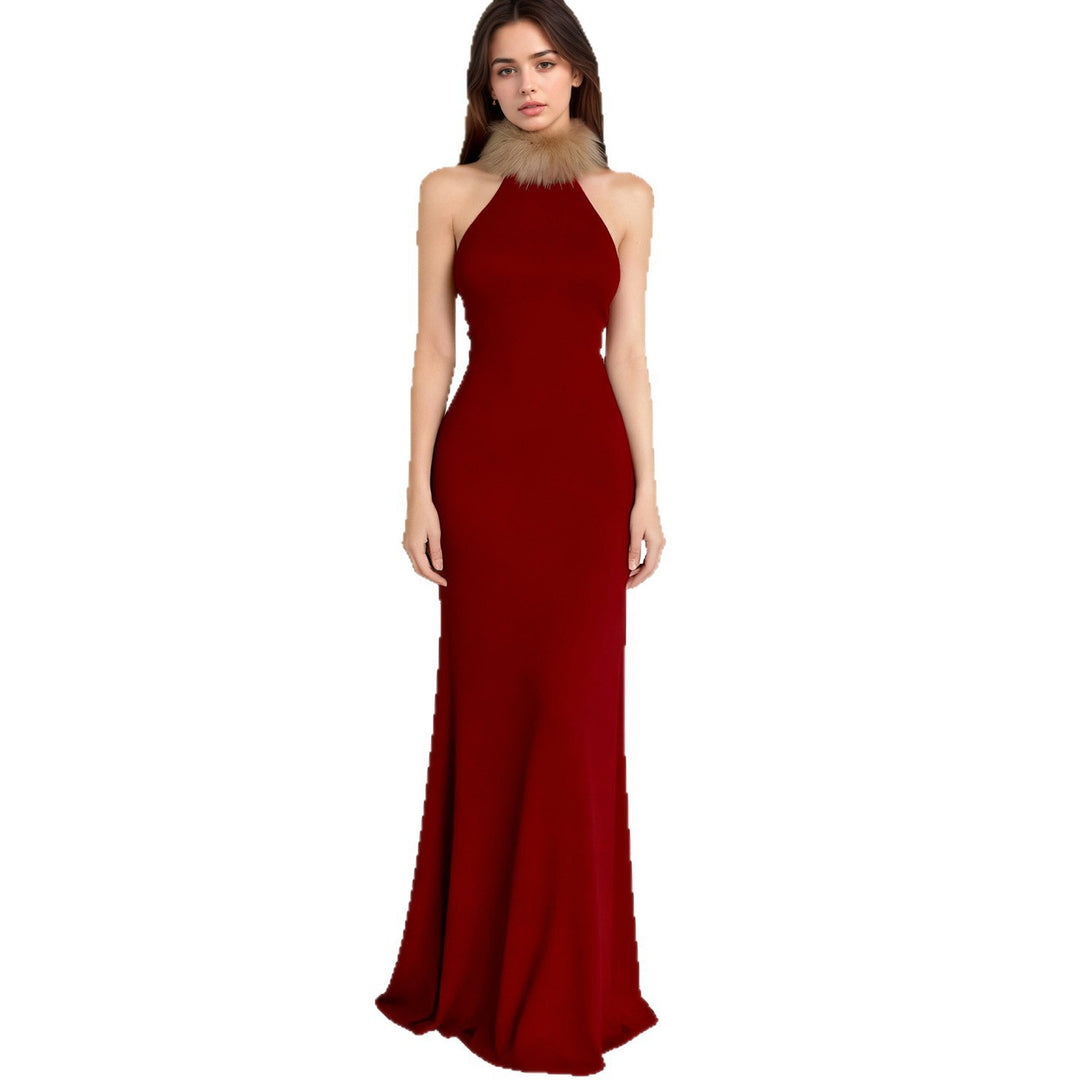Damen Elegantes Maxikleid mit luxuriösem Kunstpelzkragen EB