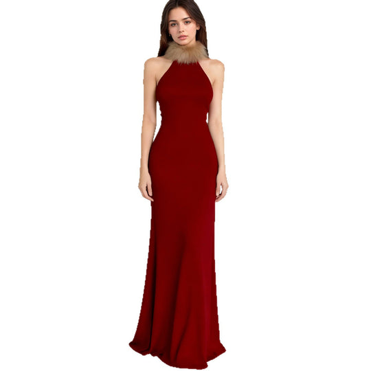 Damen Elegantes Maxikleid mit luxuriösem Kunstpelzkragen EB
