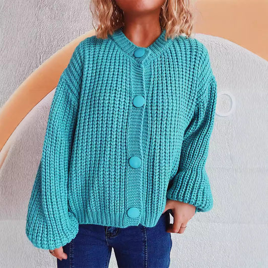 Damen Grobstrickjacke mit ballonförmigen Ärmeln und dekorativen Knöpfen EB
