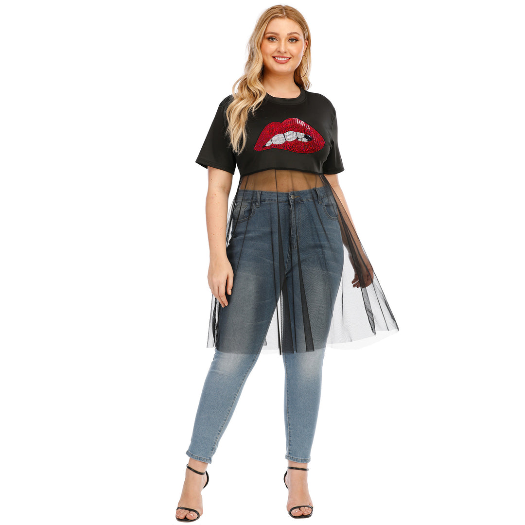 Damen modisches Crop-Top mit transparentem Überwurf und Glitzerbesatz EB