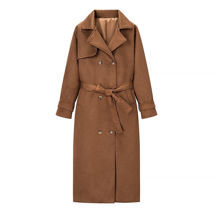 Damen Tragbare Wildleder-Trenchcoat mit Gürtel und großen Taschen EB