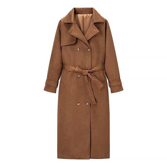 Damen Tragbare Wildleder-Trenchcoat mit Gürtel und großen Taschen EB