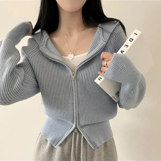 Damen lässige Strickjacke mit Kapuze und Reißverschluss EB