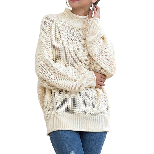 Damen Grobstrickpullover mit hohem Kragen und lockerem Schnitt EB