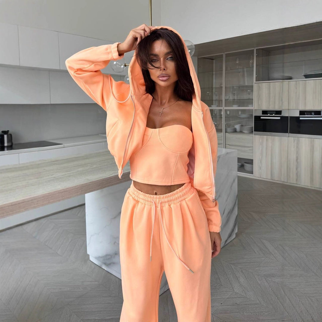 Damen Sculpting-Corsagen-Crop mit Kapuzen-Zipjacke und weiter High-Waist-Jogginghose EB