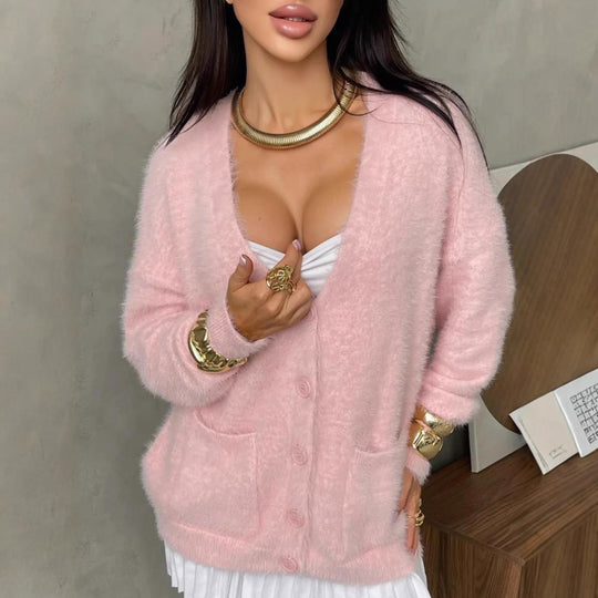 Damen Flauschiger Cardigan mit praktischen Taschen und V-Ausschnitt EB