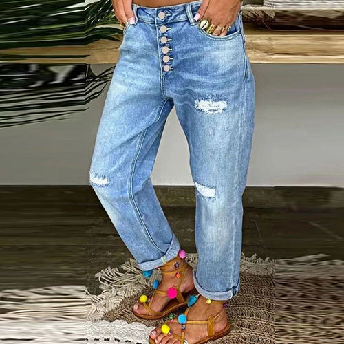 Damen Mom-Jeans mit Knopfverschluss und stylischen Distressed-Details EB