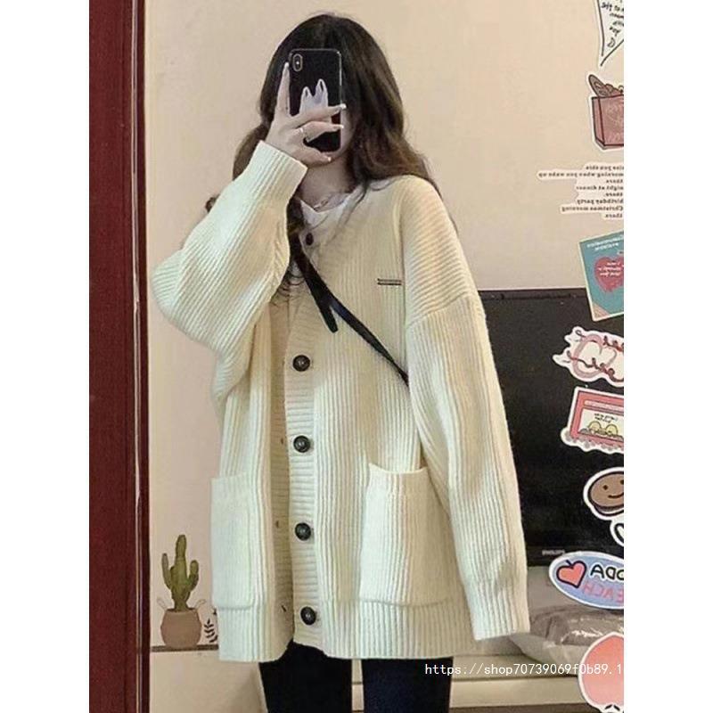 Damen Grobstrick Cardigan mit Taschen und tiefem V-Ausschnitt EB