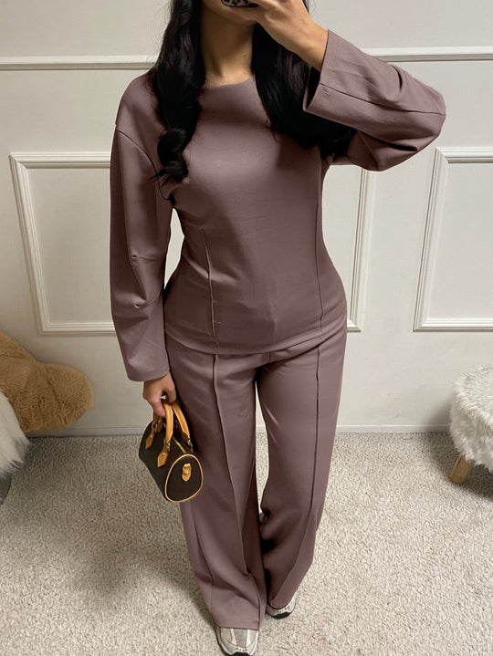 Damen nan weiches Lounge-Set mit tailliertem Sweatshirt, formgebenden Nahtdetails und weitem Palazzohosen-Bein EB
