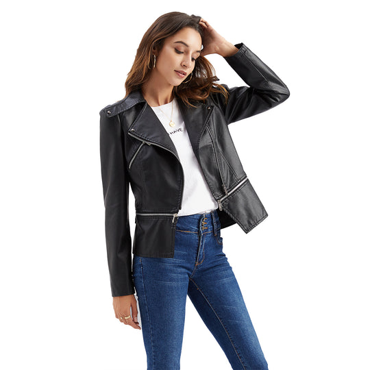 Damen nan taillierte Kunstleder-Bikerjacke mit asymmetrischem Reverskragen EB