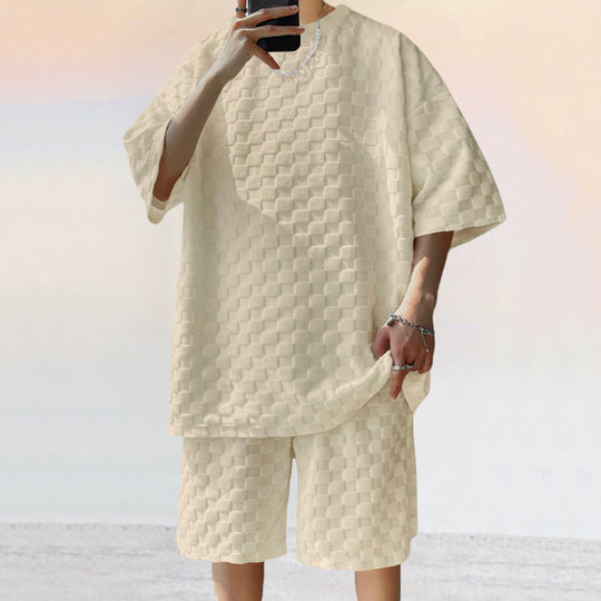 Unisex nan übergroßes Freizeit-Set aus strukturierter Waffelqualität mit Rundhalsausschnitt und locker sitzender Bermudashorts EB