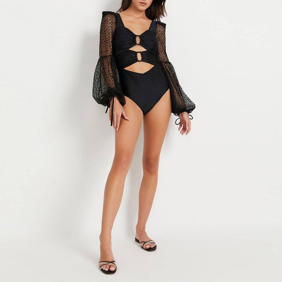Damen Cut-Out Badeanzug mit langem, transparenter Ärmel EB