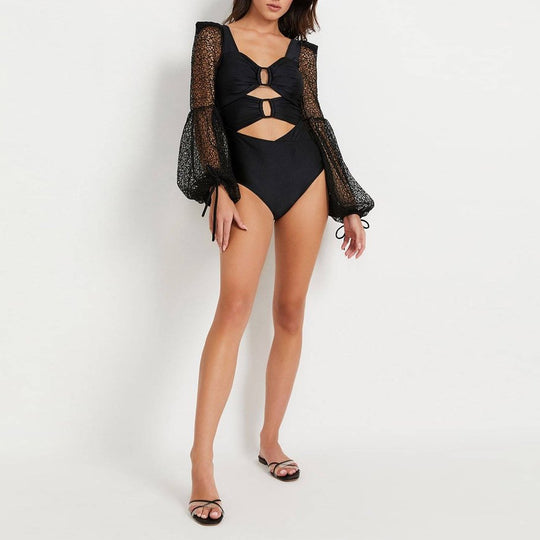 Damen Cut-Out Badeanzug mit langem, transparenter Ärmel EB