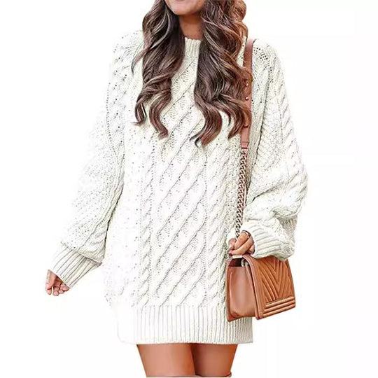 Damen Großer Strickpullover mit Zopfmuster und lässigem Schnitt EB