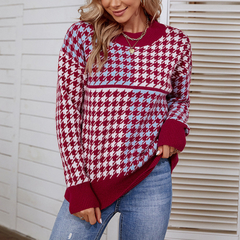 Damen kuscheliger Strickpullover mit trendigem Karomuster und weitem Schnitt EB
