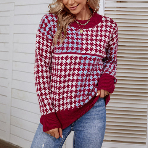 Damen kuscheliger Strickpullover mit trendigem Karomuster und weitem Schnitt EB