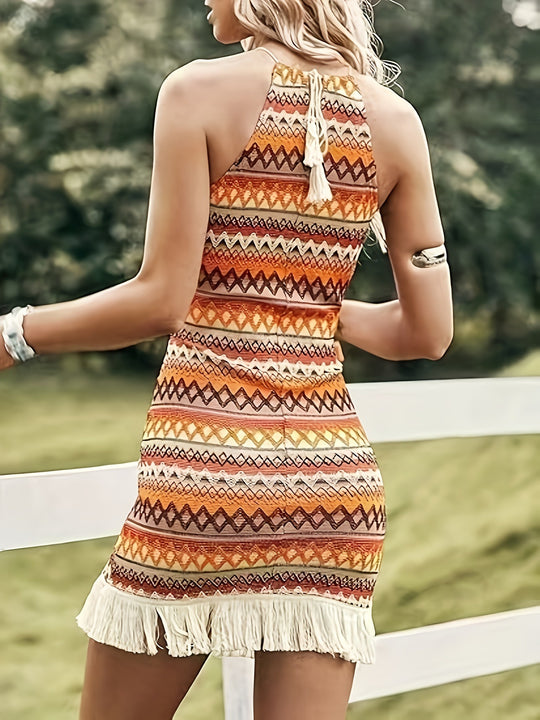 Damen Sommerkleid mit gehäkeltem Saum und ethnischem Muster EB