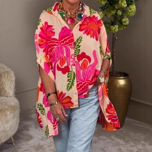 Damen Übergroßes Hemdblusenshirt mit floralem Print und kurzer Knopfleiste Heidi-Mode