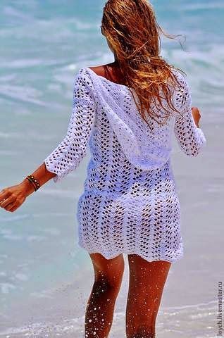 Damen gehäkeltes Strandkleid mit tiefem V-Ausschnitt und verführerischem Rückenausschnitt EB