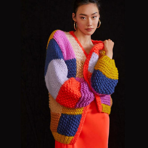 Damen Grobstrick-Cardigan mit buntem Patchwork-Design EB