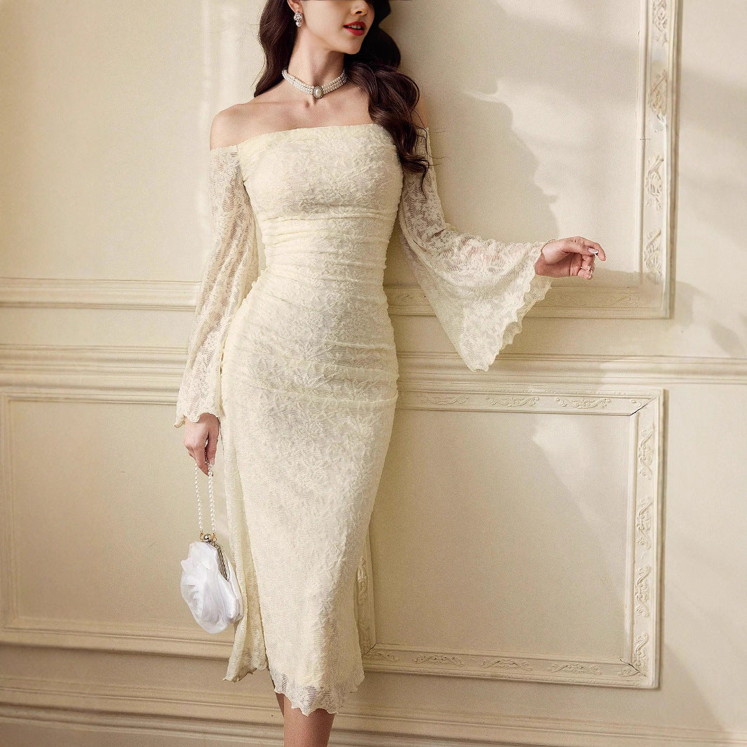 Damen Off-Shoulder Spitzenkleid mit Trompetenärmeln EB