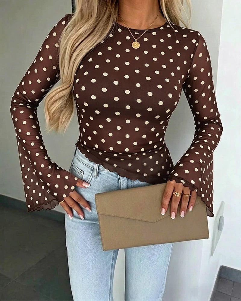 Damen Transparente Mesh-Polka‑Dot-Bluse mit taillierter Passform und Glockenärmeln EB