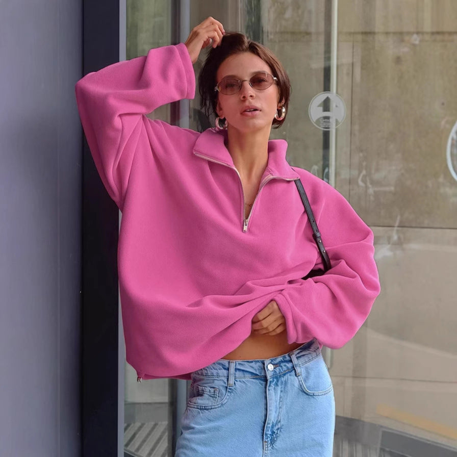 Damen lässiger Fleece-Pullover mit halbem Reißverschluss und oversized Schnitt EB
